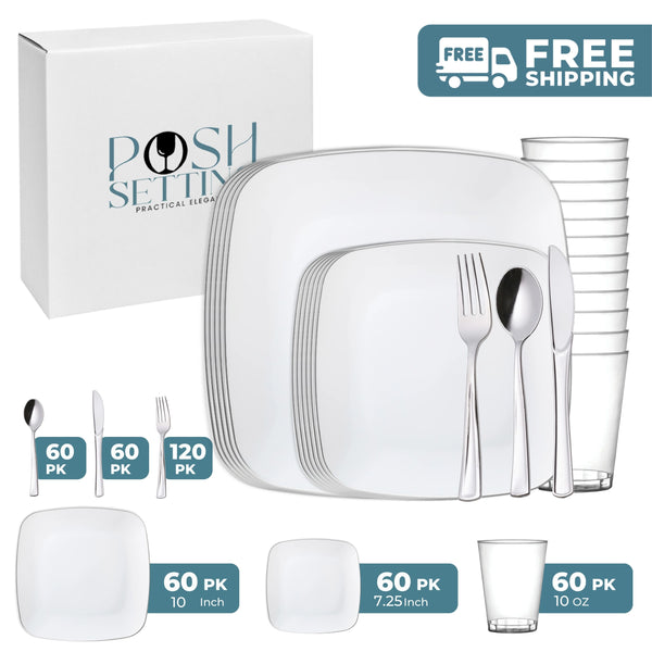 White And Silver Plastic Party Bundle - Classic Square