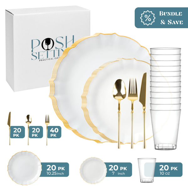 White And Gold Plastic Party Bundle - Luxe