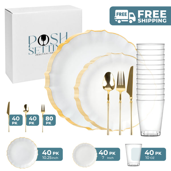 White And Gold Plastic Party Bundle - Luxe