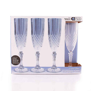 Boxed set of four crystal-like stemmed champagne flutes with diamond-cut design.