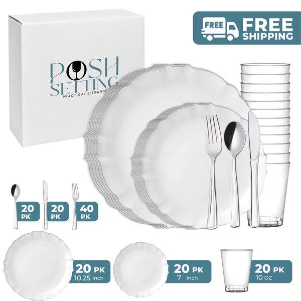 White And Silver Plastic Party Bundle - Luxe