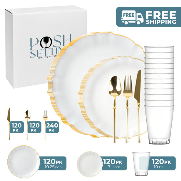 White And Gold Plastic Party Bundle - Luxe