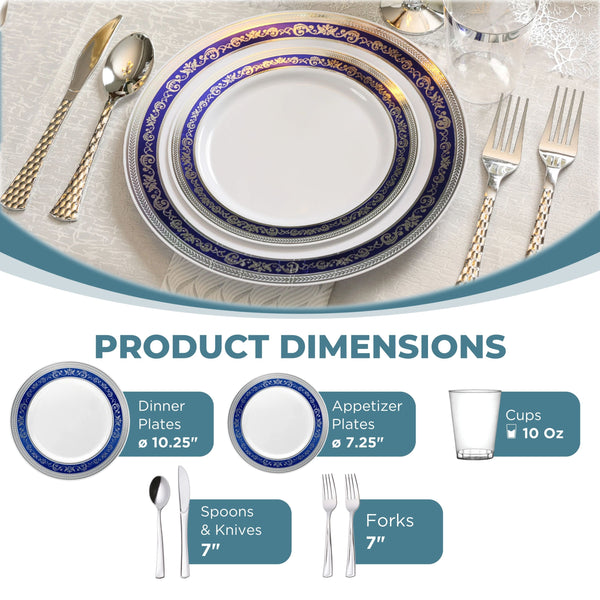 White And Silver/Blue Plastic Party Bundle - Royal