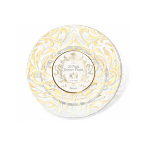 Decorative dinner plate with gold patterns and brand logo on a white background