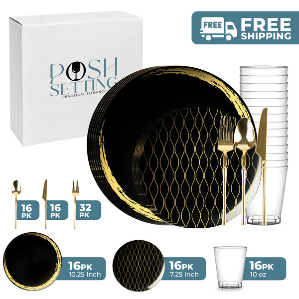 Black And Gold Plastic Party Bundle - Whisk