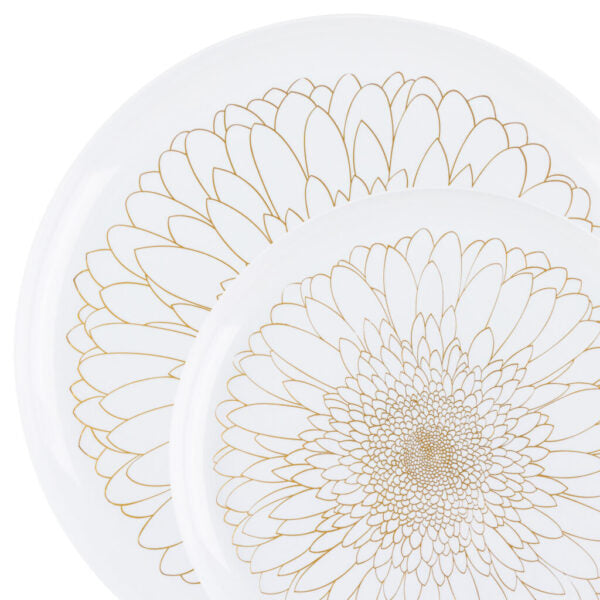 20 Pack White and Gold Round Plastic Dinnerware Set (10 Guests) - Blossom