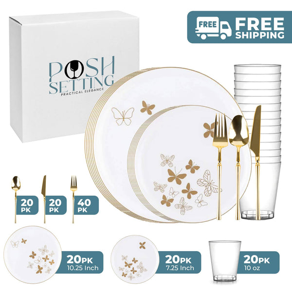 White And Gold Plastic Party Bundle - Butterfly