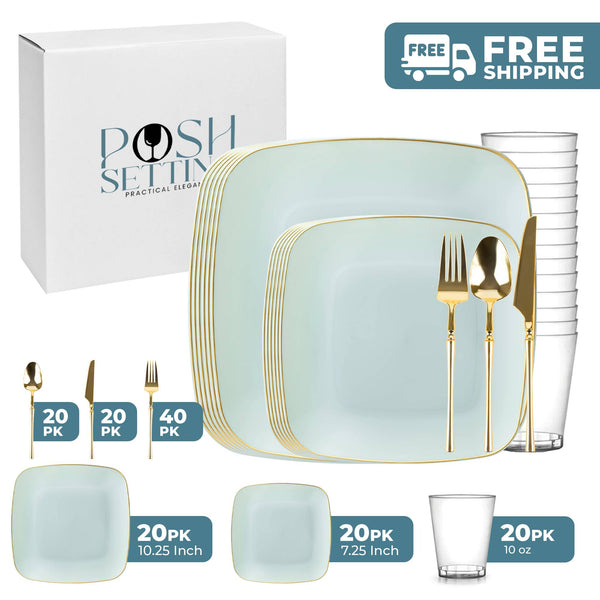 Turquoise And Gold Plastic Party Bundle - Classic Square