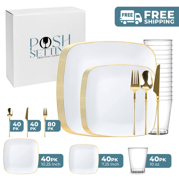 White And Gold Plastic Party Bundle - Classic Square