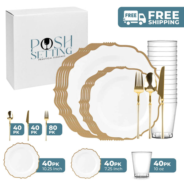 White And Gold Plastic Party Bundle - Contemporary
