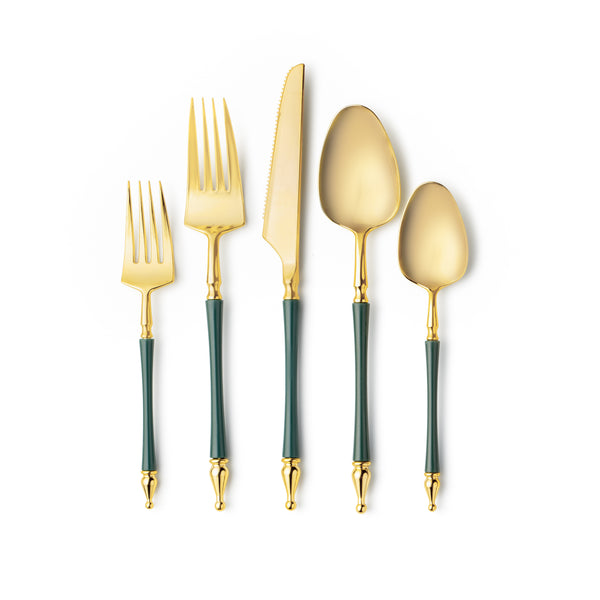 Sophisticate Collection Royal Green/Gold Flatware Set 40 Count - Settings for 8