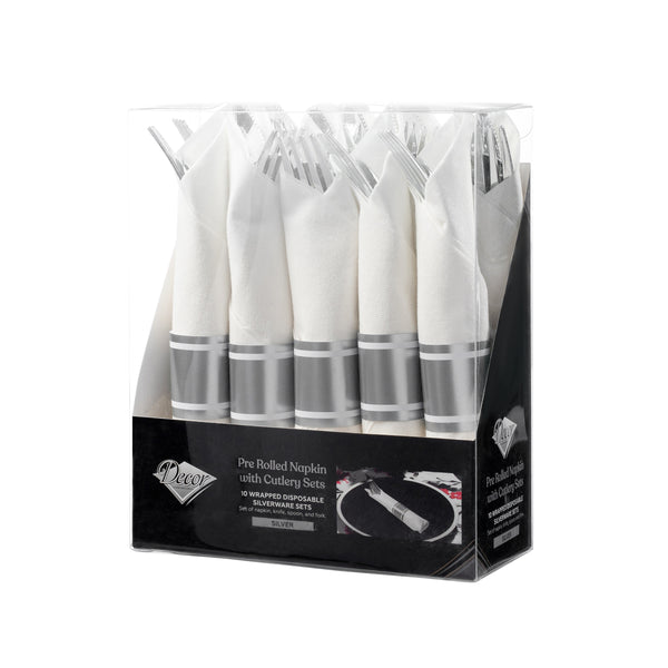 Silver Disposable Plastic Cutlery in White Napkin Rolls Set-Setting for 10