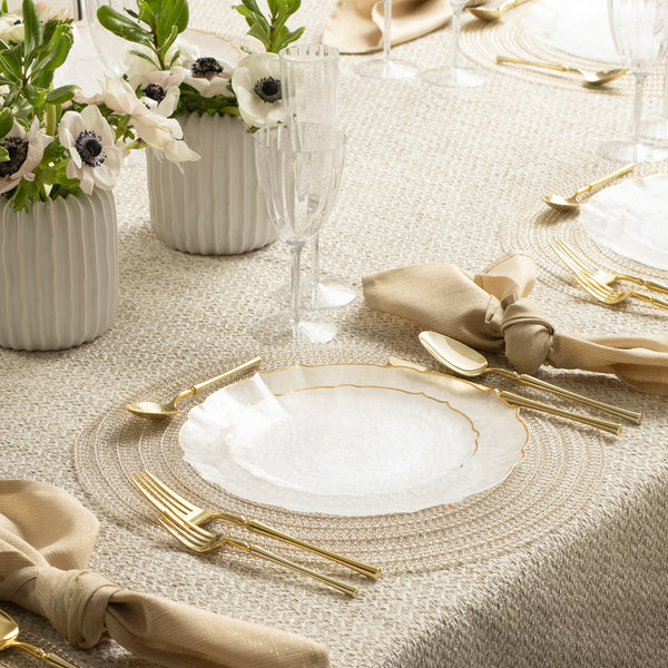 32 Pack Transparent White and Gold Round Plastic Dinnerware Set (16 Guests) - Luxe