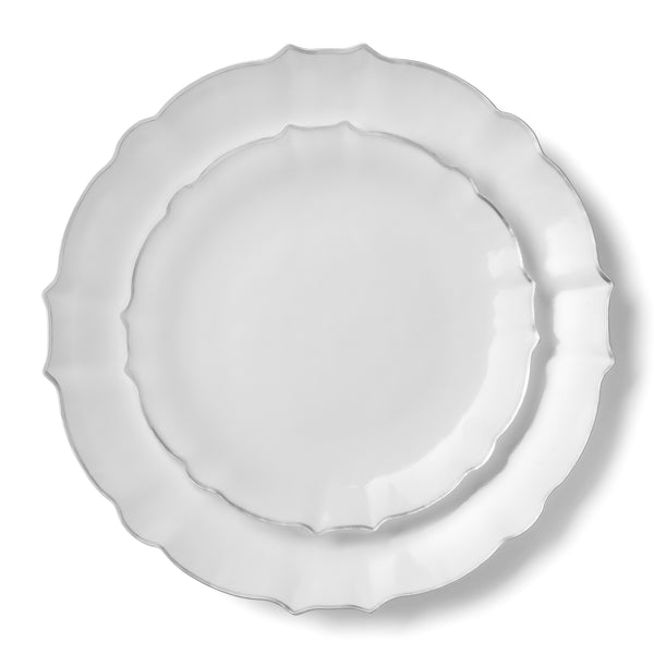 32 Pack White and Silver Round Plastic Dinnerware Set (16 Guests) - Luxe