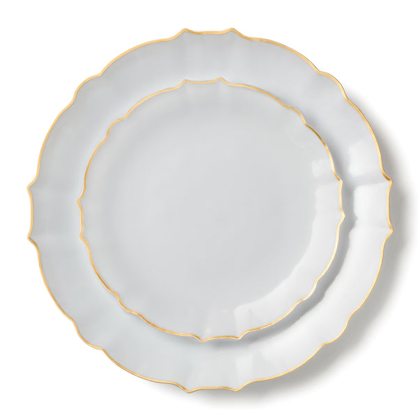 32 Pack White and Gold Round Plastic Dinnerware Set (16 Guests) - Luxe
