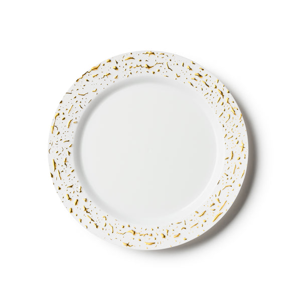 32 Pack White and Gold Round Plastic Dinnerware Set (16 Guests) - Pebbled