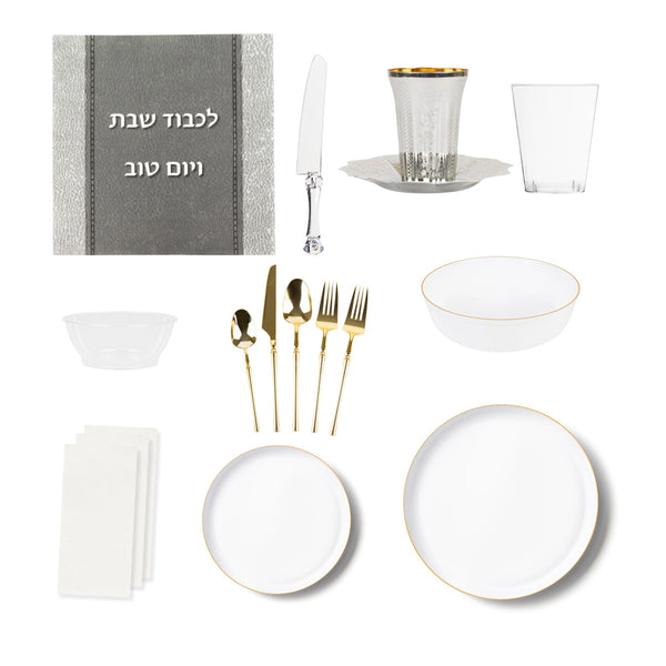 Deluxe White and Gold Shabbos Dinnerware Bundle - 24 Full Settings