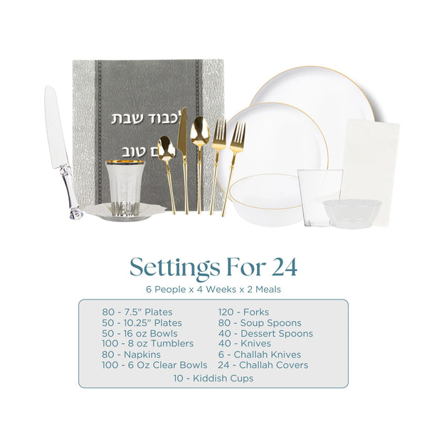 Deluxe White and Gold Shabbos Dinnerware Bundle - 24 Full Settings