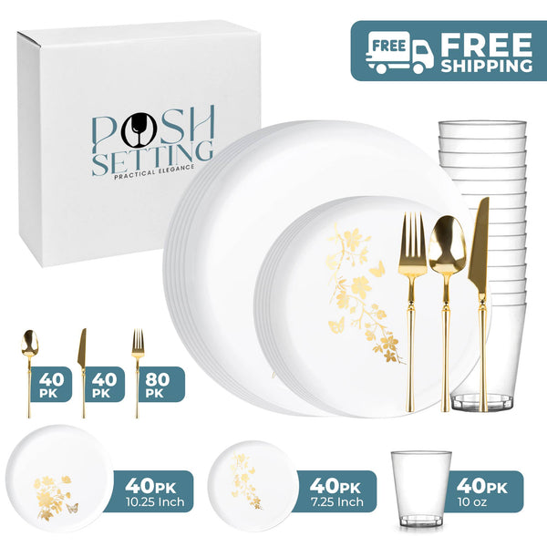 White And Gold Plastic Party Bundle - Garden Edge