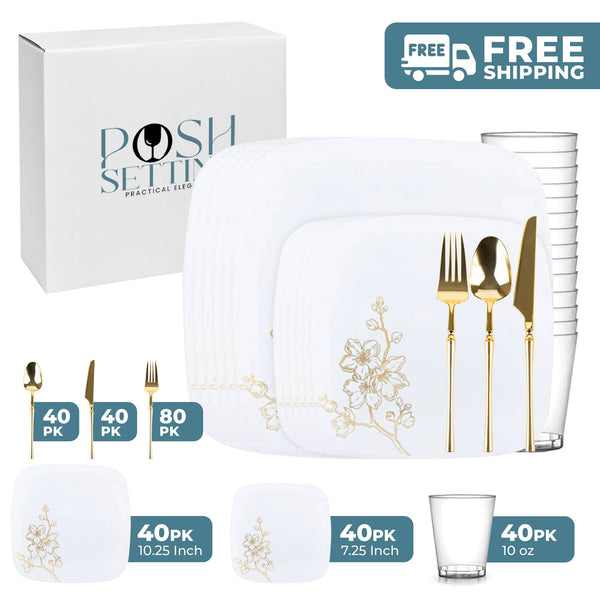 White And Gold Plastic Party Bundle - Gold Buds