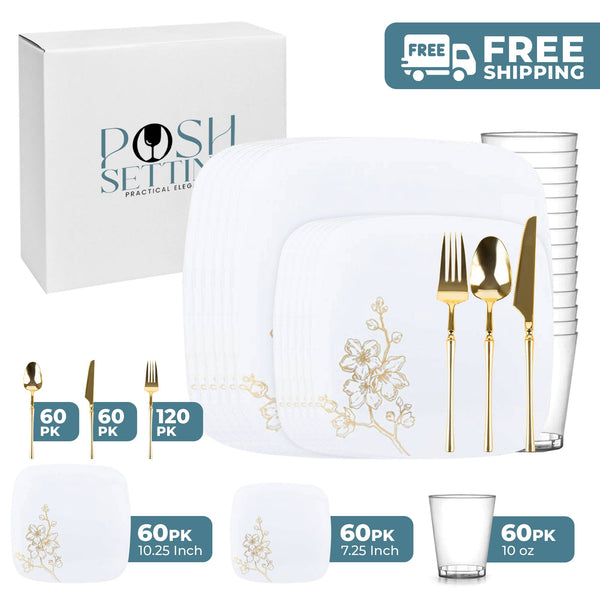 White And Gold Plastic Party Bundle - Gold Buds