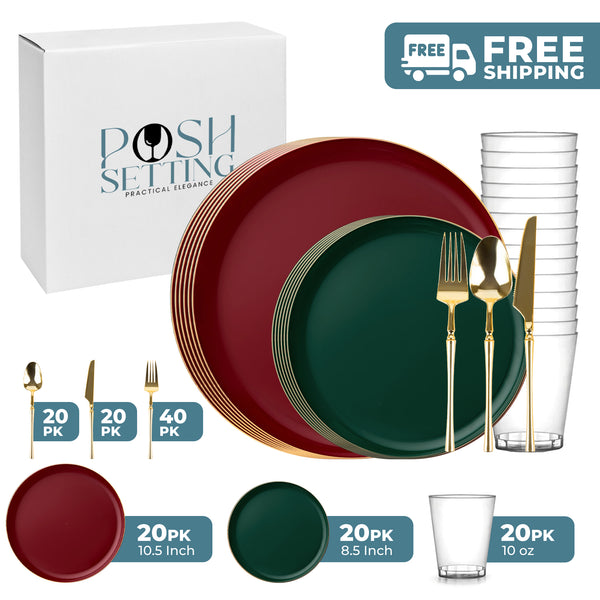 Green and Cranberry with Gold Rim Plastic Christmas Party Bundle - Edge