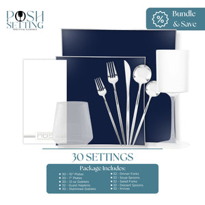Dinnerware set with cutlery and plates on a white background, featuring 'Posh Setting' branding.
