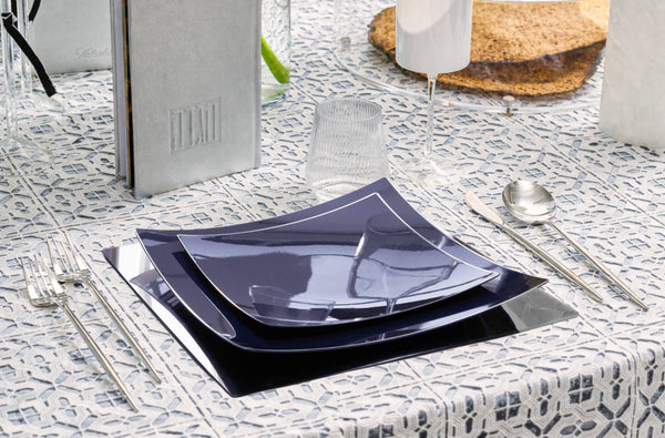 Navy Blue and Silver Rim Square Plastic Plates - Organic