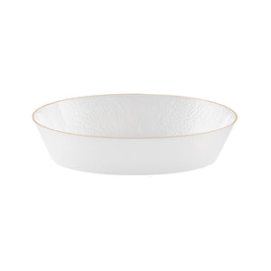 Pearl White plastic ceramic looking bowl with gold rim on a white background