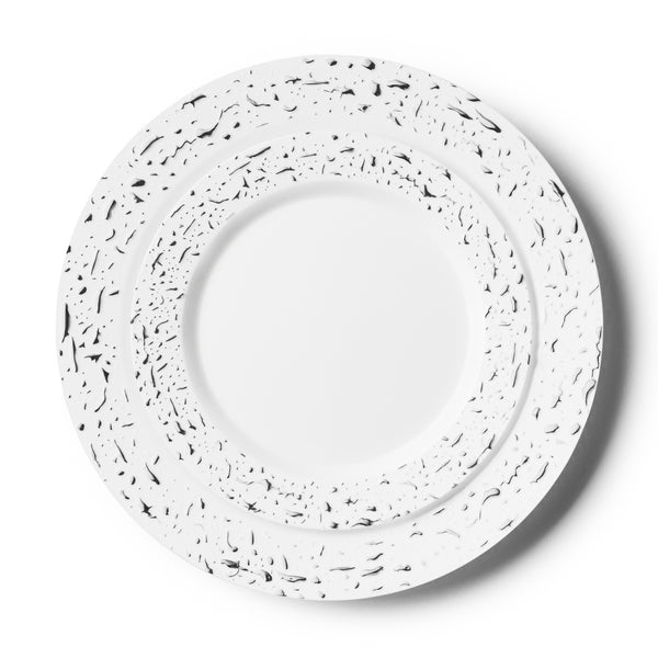 32 Pack White and Silver Round Plastic Dinnerware Set (16 Guests) - Pebbled