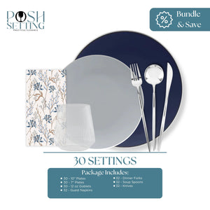 Dinnerware set with plates, cutlery, and napkin on a white background with 'Posh Setting' branding.