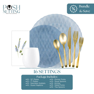 Blue diamond-pattern dinnerware bundle with gold flatware, blue goblet, and Blue Daffodil guest napkin for 16 settings