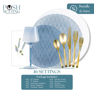 Blue diamond plates with gold flatware, blue goblet, and Blue Daffodil napkin styled on an elegant table setting