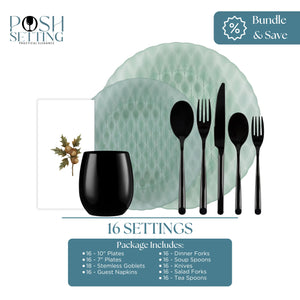 Table setting with black cutlery, glass, and green plate on a white background with 'Posh Setting' branding.