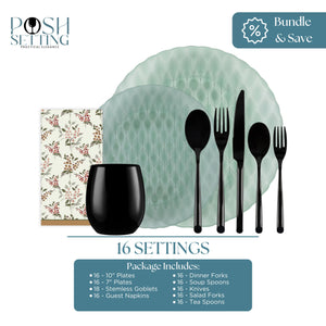 Dinnerware set with black cutlery, green plates, and a floral napkin on a white background.