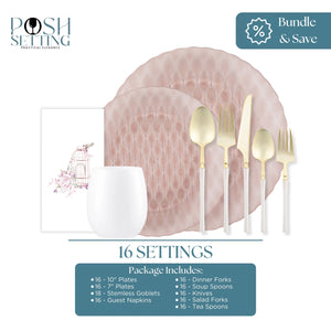 Rose diamond dinnerware bundle with pearl and gold flatware, white goblets, and Bird Cage napkin for 16 guests