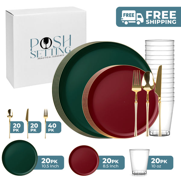 Cranberry and Green with Gold Rim Plastic Christmas Party Bundle - Edge