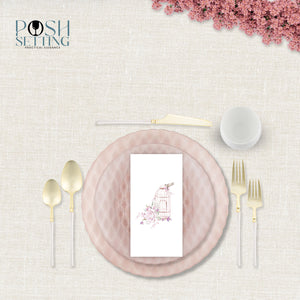 Rose diamond plates with pearl and gold flatware and Bird Cage napkin styled on elegant table setting
