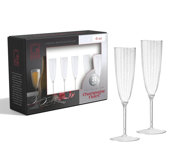 6 Oz 1-Piece Silver Glitter Plastic Disposable Champagne Flutes - 8 Pack