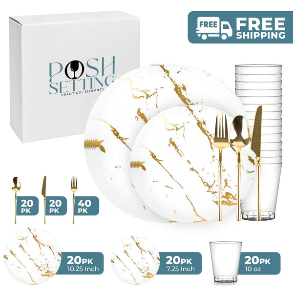 White And Gold Plastic Party Bundle - Stroke