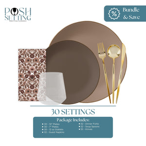 Table setting with brown plates, gold cutlery, and floral napkin on a white background with 'Posh Setting' branding.