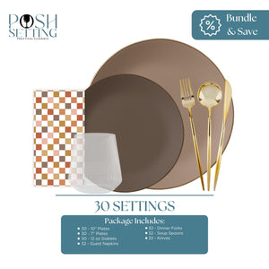 taupe and brown dinnerware bundle with gold flatware , ribbed goblets and checkered napkins