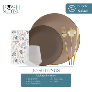 Taupe and brown disposable dinnerware bundle with gold plastic cutlery, blue floral guest napkins, clear plastic goblets, and matching dinner and salad plates, shown as a 30-setting bundle from Posh Setting.