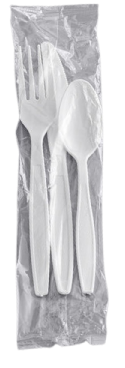 Medium Weight White Wrapped Plastic Cutlery Set with Knife, Fork, and Spoon - 500/Case