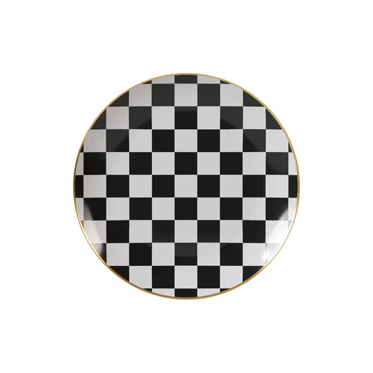Black and White Round Plastic Plates - Checkerboard