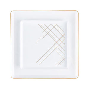 White and gold square plate set with geometric design