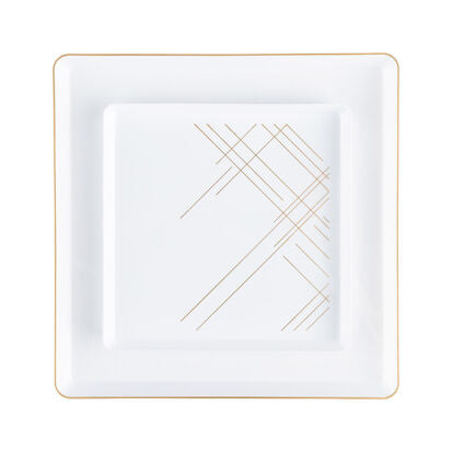 White and gold square plate set with geometric design