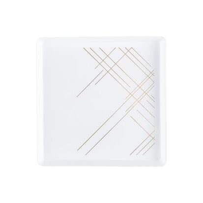 White and gold geometric design square plastic plate