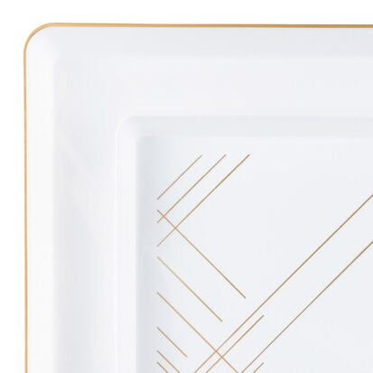 close up of White and gold geometric design square plastic dinnerware set