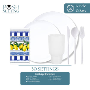 Dinnerware set with a lemon-themed placemat, including plates, cups, cutlery, and napkins, on a white background.